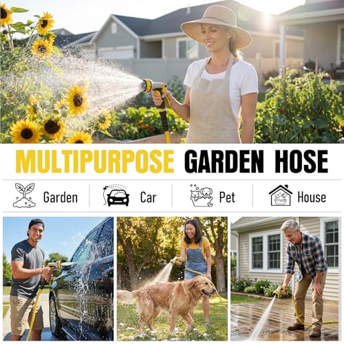 Heavy Duty Garden Hose 50ft, NON-EXPANDABLE Flexible Water Hose, Kink Resistant Lightweight Hybrid Hose, Leakproof Hose Male to Female Fittings - color: Black+Yellow, size: 50ft