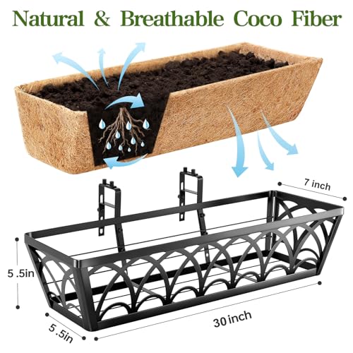 30 Inch Railing Planter Box Window Boxes Planters - 2 Pack Deck Railing Planter Boxes with Adjustable Brackets Coco Liners Balcony Planters Railing Hanging for Window Flower Boxes Outdoor Garden Decor - size: 30 Inch