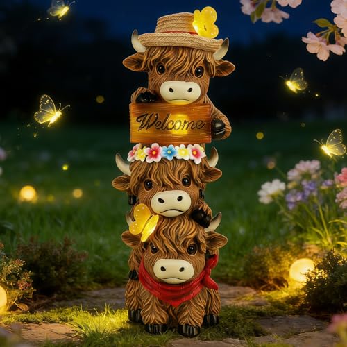 Glintoper Solar Garden Highland Cow Statue, 12" Outdoor Spring Decoration Lighted Triple Stacked Resin Cow Whimsical Yard Art, Birthday Mothers Day Ideal Gifts, for Summer Porch Pathway Patio Lawn - style: Cow