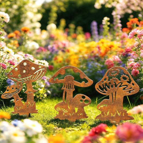 Resama 3 Piece Rusty Metal Mushroom Garden Stakes - color: Mushroom-R