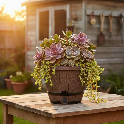 Sun-E 10" Self-Watering Whiskey Barrel Planters 3 Pack for Indoor Outdoor - color: Mix Colour Set