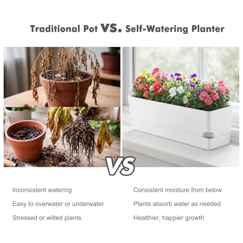 Party Zealot Window Boxes Planters, 5 Pack Self Watering Pots for Indoor Plants 17 Inch Rectangular Planter Rectangle Flower Pots Long Plant Pot Large Window Sill Herb Planter Box, White - color: White