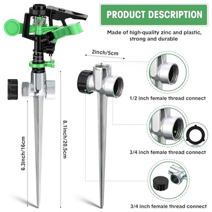 Chengu 4 Pcs Impact Lawn Sprinkler for Yard Heavy Duty Water Plastic Sprinkler Head with Zinc Alloy Spike Base Adjustable 360 Degree Pulsating Sprinklers for Large Area Yard Lawn Garden Irrigation