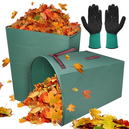 2 Packs Large Reusable Yard Waste Bags with Gloves, 53 Gallons Pletpet Garden Waste Bags Green Lawn and Leaf Bag Large Yard Dustpan-Type Garden Bag for Collecting Leaves, Fallen leaves and Waste