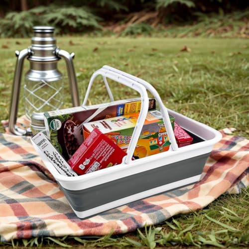 SAMMART Collapsible Basket with Handle 8L (2.1 Gallon) - Portable Outdoor Picnic Basket/Crate -Foldable Basin for Washing Dishes,Camping,Hiking (White/Steel Grey) - color: White/Steel Grey