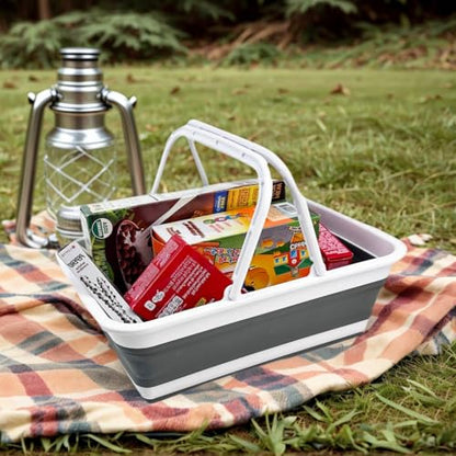 SAMMART Collapsible Basket with Handle 8L (2.1 Gallon) - Portable Outdoor Picnic Basket/Crate -Foldable Basin for Washing Dishes,Camping,Hiking (White/Steel Grey) - color: White/Steel Grey