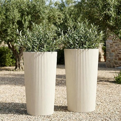 24" Tall Round Planters for Outdoor Plants Fluted Finishes - Beige - color: Beige