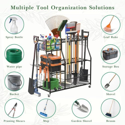 Faesun Garden Tool Organizer with Wheels for Garage,Extra Large Capacity Rolling Yard Tool Storage Rack,Holds 24 Tools + 10 Secure Slots, Heavy Duty Cart for Shed,Garden & Outdoor Use - size: Plus-Large Wheels