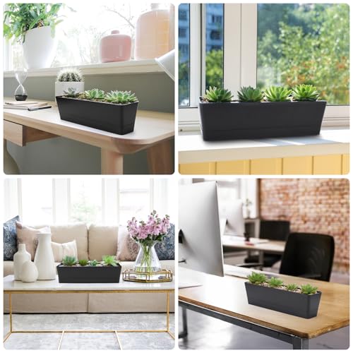 GREANER Black Rectangle Window Boxes, 3 Pack 12x3.8 Inch Herb Planters with Tray, Indoor Succulent Cactus Mint Plastic Pot for Windowsill, Garden Balcony, Office Outdoor Decoration - size: 3Packs/12x3.8in-black
