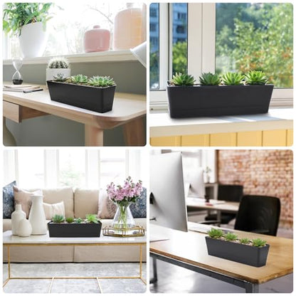GREANER Black Rectangle Window Boxes, 3 Pack 12x3.8 Inch Herb Planters with Tray, Indoor Succulent Cactus Mint Plastic Pot for Windowsill, Garden Balcony, Office Outdoor Decoration - size: 3Packs/12x3.8in-black