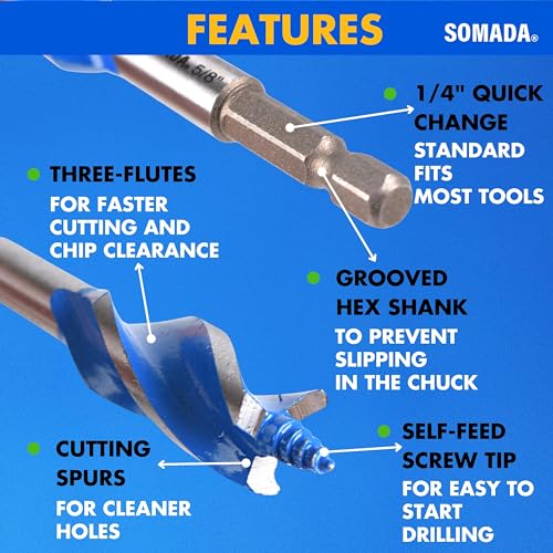 SOMADA Auger Drill Bit Set for Wood, 5-Piece, Hex Shank Quick Change - size: 5 PCS SET