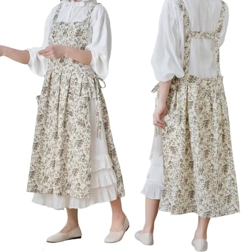 Japanese Cotton Cross Back Pinafore Apron Dress for Women,Pinafore Apron - color: White
