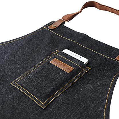 Black Kitchen Apron with Pockets & Towel Loop for Men Women, Denim - color: Black Denim 9#