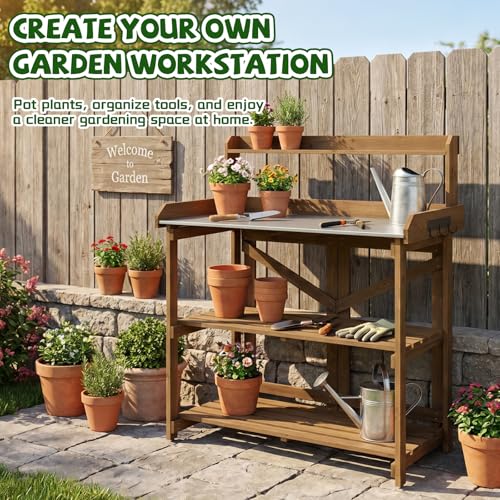 Ketive Wooden Outdoor Potting Bench with Metal Tabletop