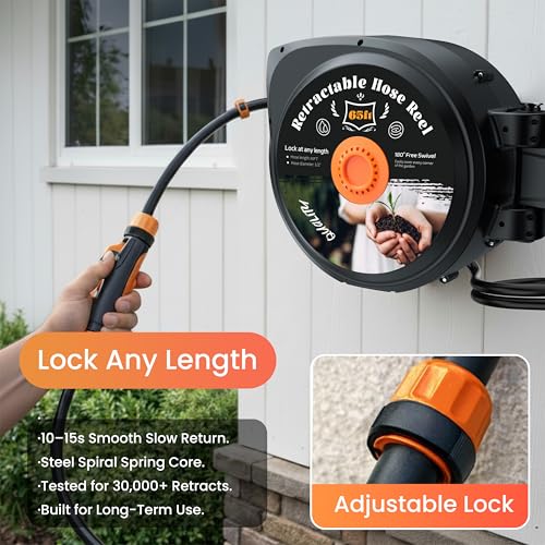Retractable Garden Hose Reel, 1/2 in x 65 ft Wall Mounted Hose Reel - size: 65FT