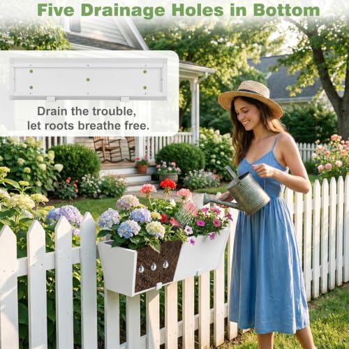 2PC White Railing Planter for Outdoor Plants 36 Inch Metal Hanging Planters Pots with Adjustable Brackets and Drainage Railing Planter Boxes Hanging Flower Pots for Balcony Deck Railings Patio Dec - color: White
