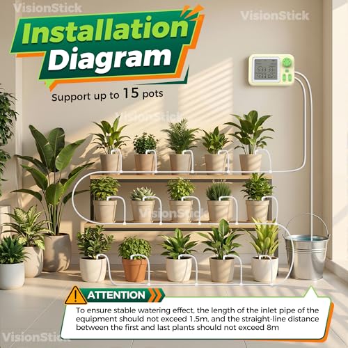Automatic Indoor Drip Irrigation System with Programmable Timer Auto Vacation Plant Waterer for Up to 15 Potted Houseplants Rechargeable Self Watering Device