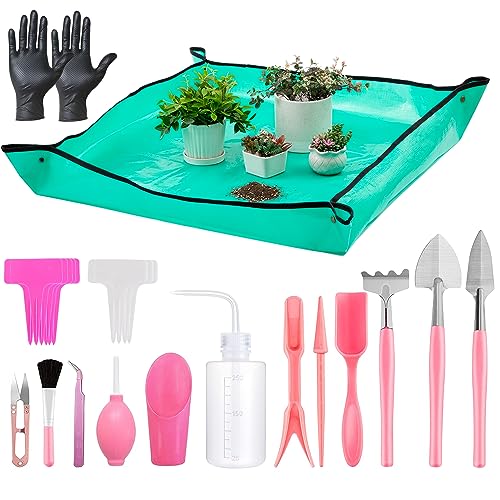 Melphoe 25Pcs Mini Garden Hand Transplanting Succulent Tools Set, 39.4" Thickened Repotting Mat & Plant Tag, Miniature Planting Indoor Fairy Care, Potting, Cactus, Houseplant Bonsai Tool Kit (Pink) - color: Pink