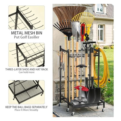 Garden Tool Organizer Rack with Wheels Up to 30-35 Tools, Heavy-Duty Steel Yard Tool Organizer for Garage Storage with 11 Hooks, Broom Holder & Garden Tool Rack for Shed, Patio, Lawn, Outdoor, Black