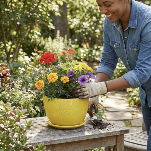 MyGift 7 Inch Yellow Ceramic Planter Pot with Sunburst Design & Saucer - color: Yellow
