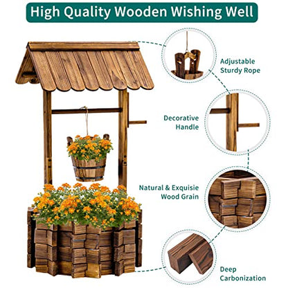 UDPATIO Rustic Solid Fir Wood Wishing Well Planter for Outdoor Plants, 16.5 in Diameter - size: 47.3''x22.04''x22.04''