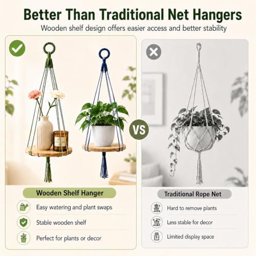 Macrame Hanging Planter with Shelf, Boho Plant Hanger for Indoor Window - color: Green + Orange + Blue