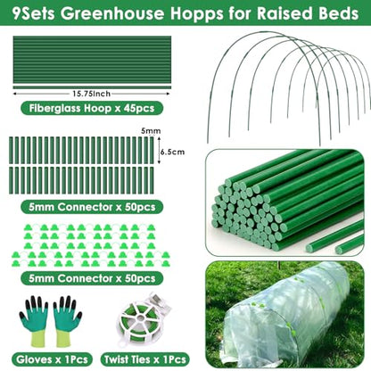 9 Sets Greenhouse Hoops for Raised Beds,45 Pcs Garden Hoops Grow Tunnel Rust-Free Fiberglass Garden Stakes Hoops, Plant Support Hoop House Kit Frame for Shade Cloth Netting Row Cover Garden Supplies