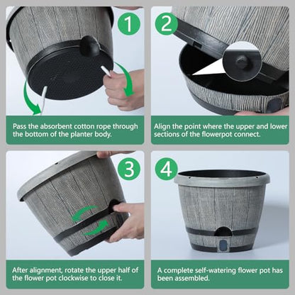 Sun-E 10" Self-Watering Whiskey Barrel Planters 3 Pack for Indoor Outdoor - color: Mix Colour Set