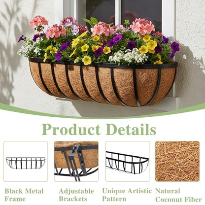24 Inch Railing Planter Window Box Deck Balcony Rail Planter with Coco Liner Metal Wall-Mounted Coconut Liner Planter Basket English Horse Trough Planters for Outdoor Balcony Porch Fence (2 Pack) - size: 24 Inch