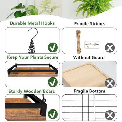 Plant Hanger Indoor, 16" Wooden Hanging Plant Holder with Metal Frame - size: Large