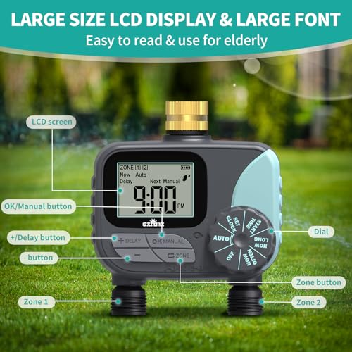 Sprinkler Timer, Water Timer for Garden Hose, Irrigation Timers Controller for Outdoor Plants Lawn, Hose Timers for Watering with Rain Delay/Manual/Automatic Watering System, Brass Inlet 2 Outlet