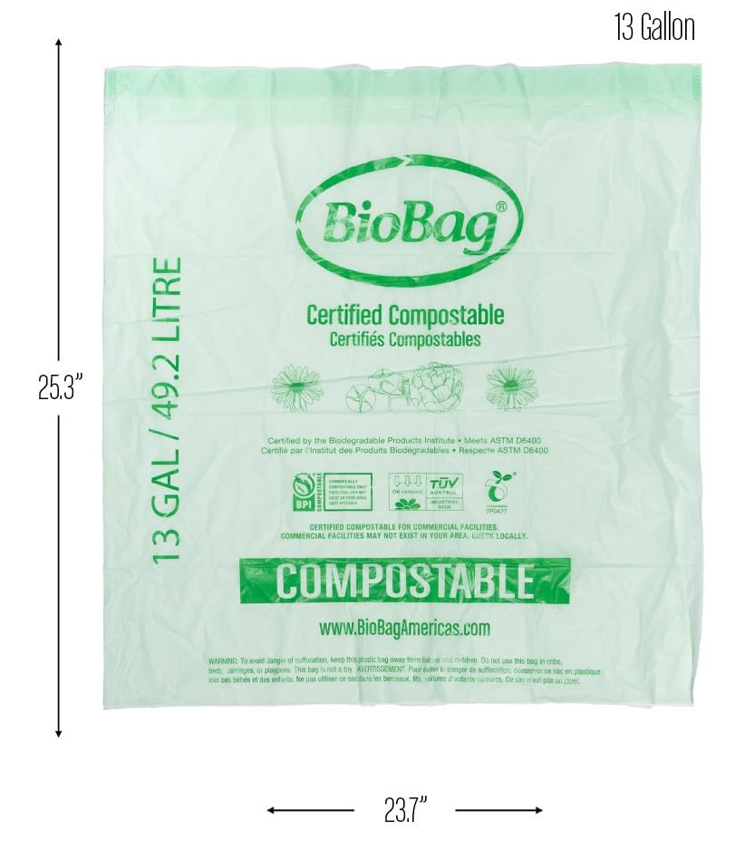 13 Gallon Compostable Drawstring Trash Bags by BioBag, 40 Count, BPI Certified, Meets ASTM D6400 Standards, Easy-Tie Kitchen Liners - style: 13 Gallon With Drawstring