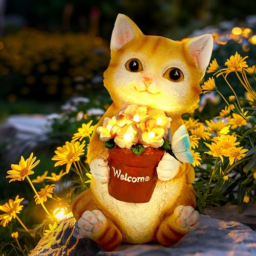 GIGALUMI Solar Garden Decor Flower Pot Cat Statues Outdoor, Birthday Gifts for Women Mom Grandma Senior Elder, Cat Ornament for Balcony, Garden, Patio, Yard, Lawn - style: Cat