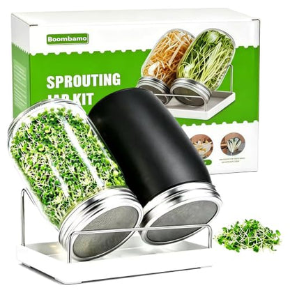 Premium Sprouting Jar Kit 2-Wide Mouth Mason Jars with Mesh Sprout Lids - color: Green
