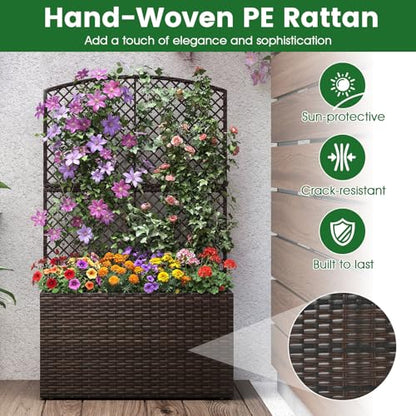 HAPPYGRILL PE Rattan Raised Garden Bed with Trellis & Privacy Screen - color: Brown