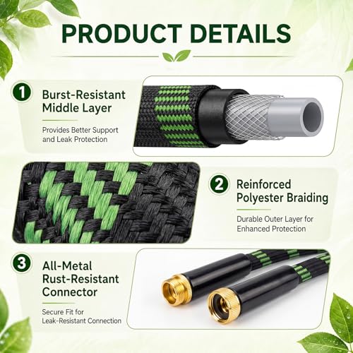 Garden Hose 25 FT, Non-Expanding Water Hose with 10 Pattern Spray Nozzle - size: 25FT