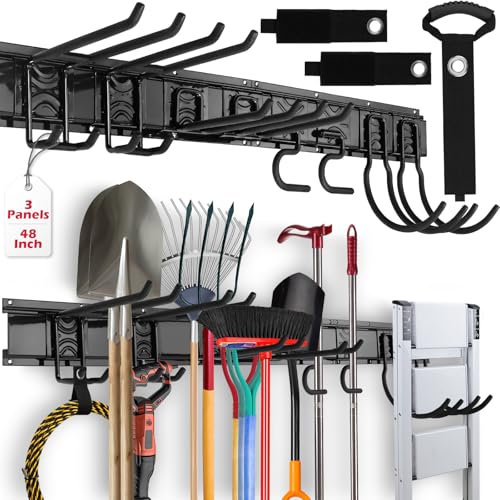 SEDY 48" Heavy Duty Garage Wall Organizer, Wall Mount Tool Storage Rack with Adjustable Hooks, Garden Tool Organizer Hold Up to 300lbs, Easy Installation (3 Panels, 8 Hooks, 3 Straps) - color: 48" Garage Wall Organizer (3 Panels, 8 Hooks, 3 Straps)