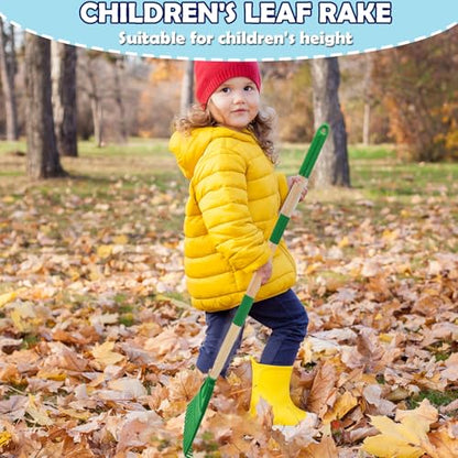 Kids Leaf Rake - 3-Section Adjustable Handle, Lightweight, Wood & Plastic, Small Garden Tool for Children (Green) - color: Green
