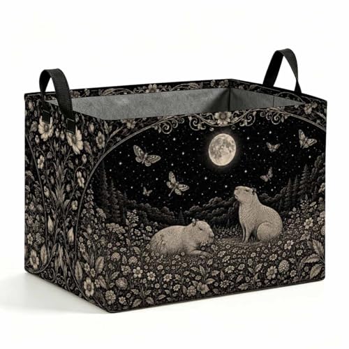 Capybara Moon Storage Basket with Handles, Vintage Botanical Laundry Hamper 56L Large Collapsible Organizer, Laundry Basket for Bathroom/Laundry/Bedroom - color: Capybara Moon