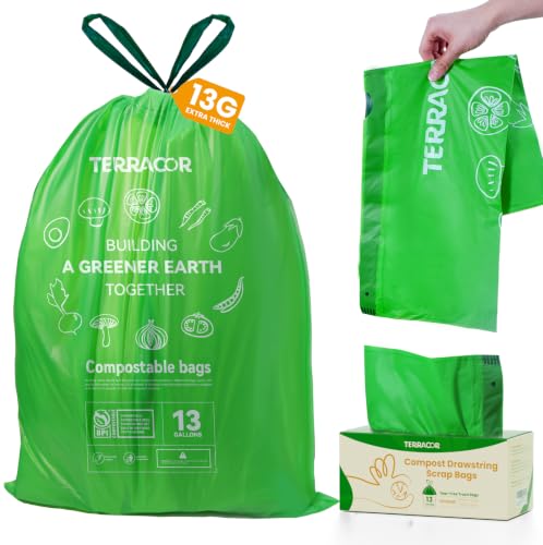 13 Gallon Compostable Trash Bags Drawstring, Heavy Duty Extra Thick 1 Mil, 35 Bags, Tall Kitchen Food Scrap Waste Bag, ASTM D6400 - color: 13 Gallon-35