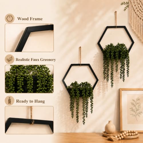 2 Pack Fake Hanging Plants for Room Decor Black Hexagon