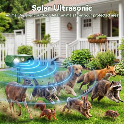 Solar Ultrasonic Animal Repeller, 2026 Upgraded Motion Sensor & Flash Light, IP65 Waterproof Outdoor Repellent for Deer, Cat, Squirrel, Rodent