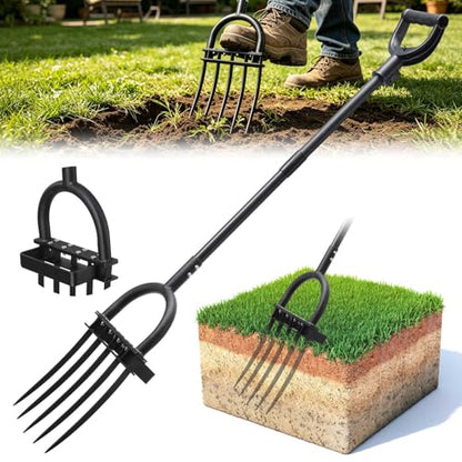 Broadfork Garden Tool, 55IN Pitch Fork for Gardening 5-Tine Heavy Duty Garden Fork with Ergonomic D-Grip Handle for Digging Loosening Soil Cultivating Weeding Composting - size: 55 IN Large