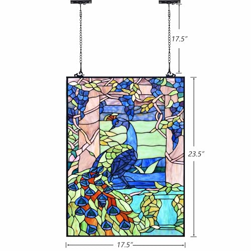 Bieye W10095 Blue Peacock Tiffany Style Stained Glass Window Panel - size: 17.5Wx23.75H Rectangular