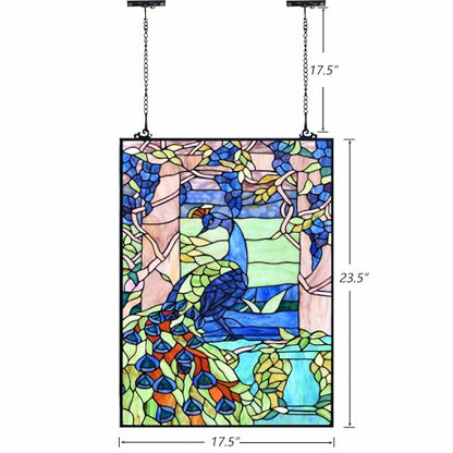 Bieye W10095 Blue Peacock Tiffany Style Stained Glass Window Panel - size: 17.5Wx23.75H Rectangular