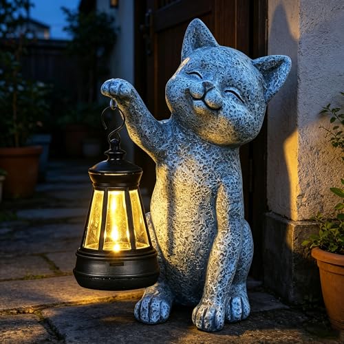Cat Garden Statue Decorations Outdoor,Solar Resin Figurine with Hanging Lantern Outdoor Decor(cat2) - style: cat2