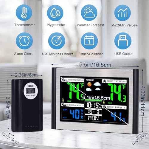 Weather Station Wireless Indoor Outdoor Thermometer, Alarm Clock - color: Black&Silver