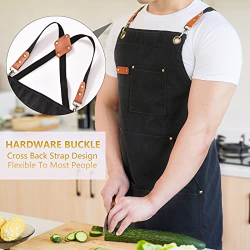 Aoomzoon Canvas Aprons for Men Women, Heavy Duty BBQ Apron with Pockets - color: Black②