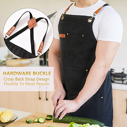 Aoomzoon Canvas Aprons for Men Women, Heavy Duty BBQ Apron with Pockets - color: Black②