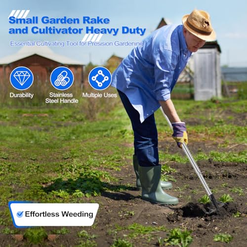 Small Garden Rake Hand Weed Remover Long Handle Tilling Soil Tool